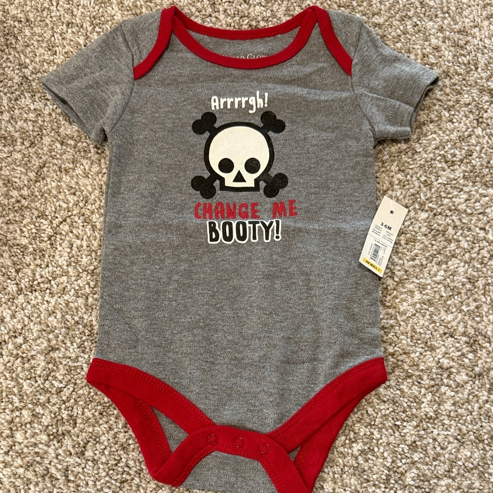 Gray and Red Pirate Skull Baby Onesie